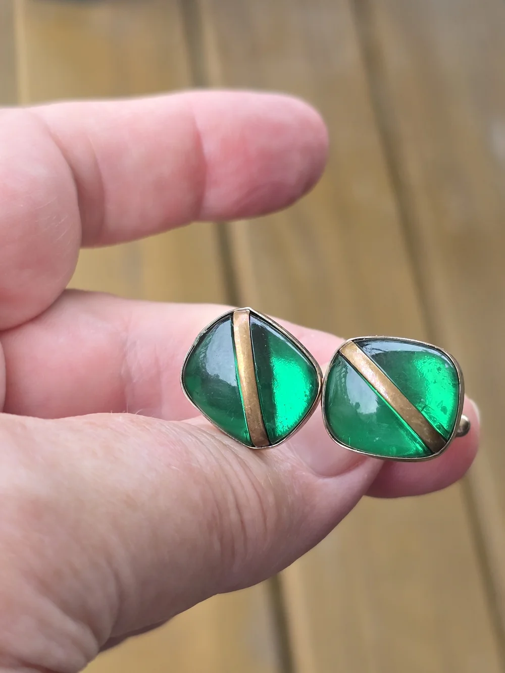 Mens Cuff Links Antique Green Glass and Gold Accent